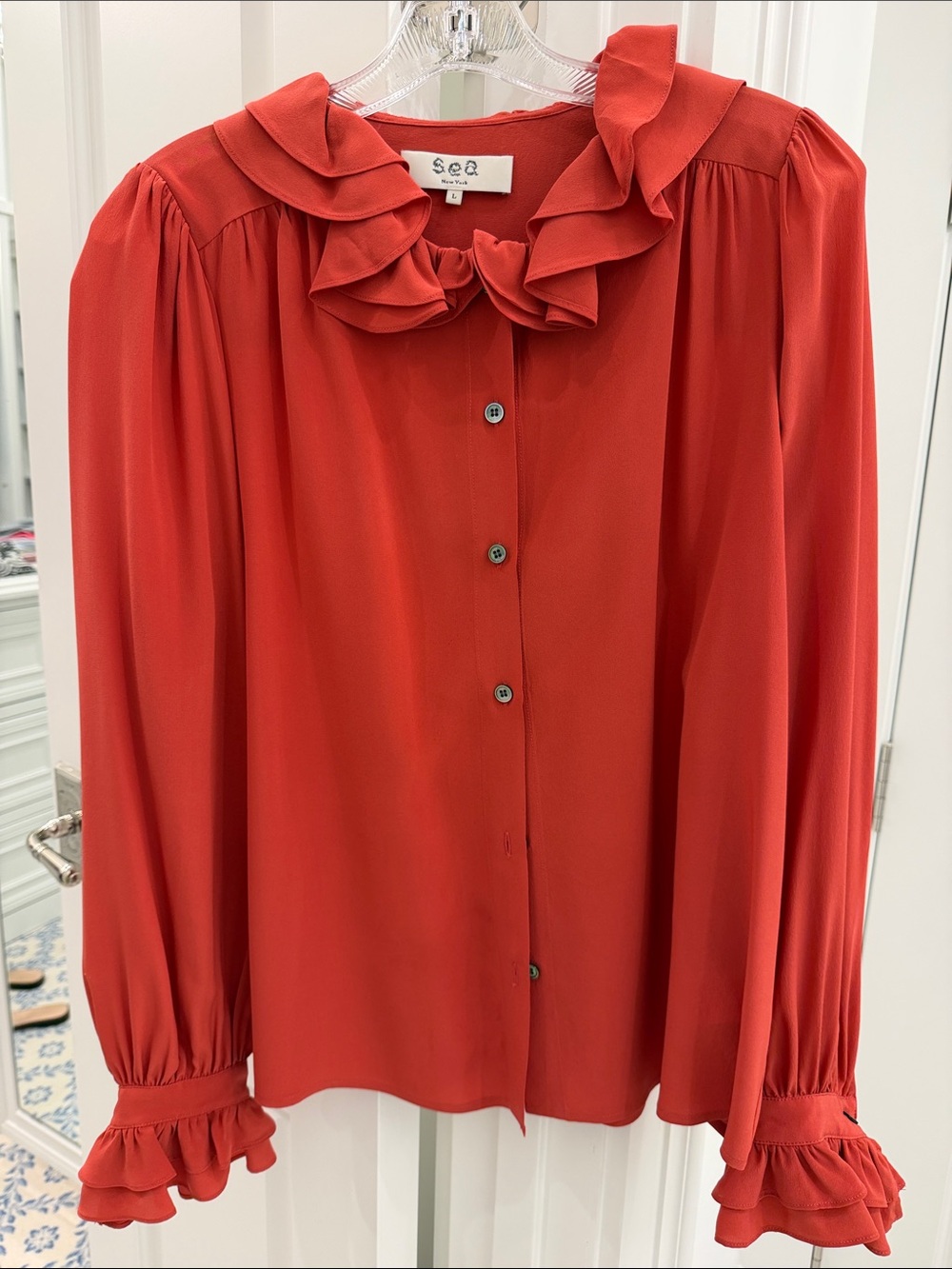 Sea New York Coral Ruffle Neck Button Front Blouse